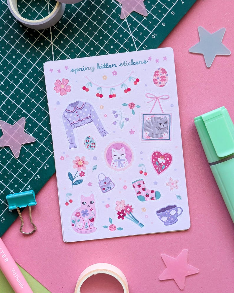 Kawaii Spring Kittens Sticker Sheet: Pastel Cat Stickers immagine 2