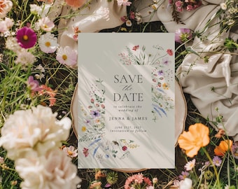 May include: A wedding invitation with the text "SAVE THE DATE" surrounded by a floral border. The invitation is on a white background and surrounded by colorful flowers. The text reads "to celebrate the wedding of JENNA & JAMES JUNE 21ST, 2025 invitation to follow."