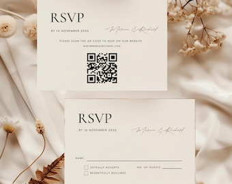 Modern Minimalist Wedding RSVP Card Template with QR Code (Digital Download)