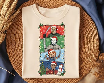 Horror Christmas T-Shirt Design PNG – Funny Slasher Santa Hat Sublimation Graphic, Dark Humor Holiday Shirt Digital Download