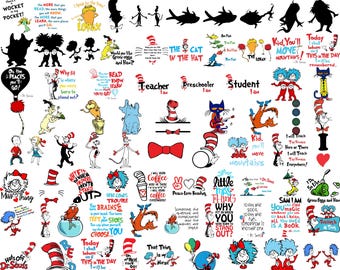 270+ Dr Seuss SVG-bundel, Cat In The Hat SVG PNG, Cricut Silhouette Cut-bestanden, verjaardagsfeestje shirt Design, afdrukbare clipart
