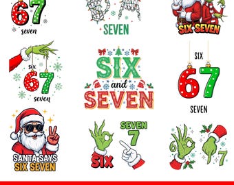 Funny Christmas Six Seven PNG Bundle – Santa & Green Hand Holiday Humor Clipart, Festive Sublimation Designs, Digital Download PNG