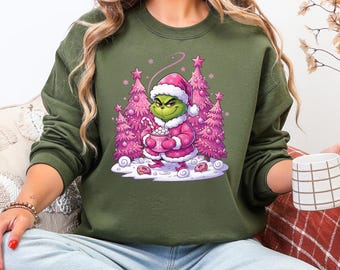 Pink Christmas Grinch PNG – Cute Santa Cocoa Clipart, Funny Holiday Sublimation Design, Pink Tree Christmas Mug Printable