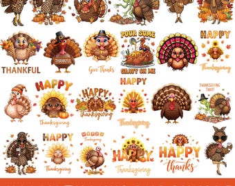 Thanksgiving Turkey PNG Bundle – Cute Fall Turkey Clipart Set, Happy Thanks Sublimation, Autumn Sticker Pack, Turkey PNGs for Crafts