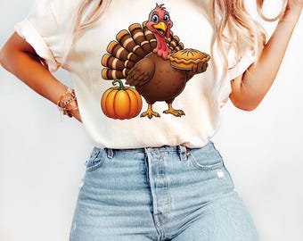 Cute Thanksgiving Turkey Clipart with Pumpkin Pie – Fall PNG, Pumpkin Turkey Art, Sublimation Design, Autumn Holiday Printable