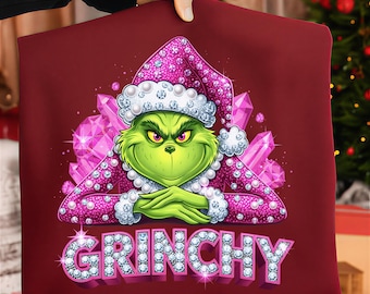 Pink Glam Grumpy Green Christmas Character PNG – Sparkly Holiday Sublimation Design, Bling Xmas Shirt Graphic, Funny Festive PNG