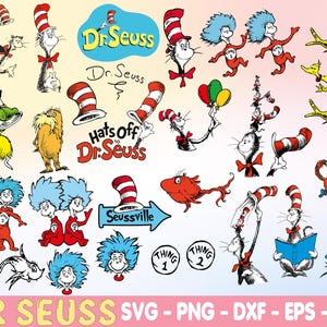May include: A collection of Dr. Seuss illustrations featuring characters like the Cat in the Hat, Thing 1 and Thing 2, and the Lorax. The images are in red, white, black, yellow, and blue. Text includes "Dr. Seuss", "Seussville", and "Hats Off to Dr. Seuss".