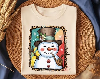 Leopard Print Snowman PNG – Retro Snowman with Pipe & Top Hat, Christmas Sublimation Design, Winter Clipart, Festive PNG Download