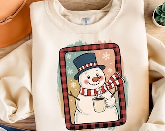 Buffalo Plaid Snowman PNG – Christmas Snowman with Hot Cocoa Sublimation, Winter Clipart, Rustic Holiday Sticker, Cozy Xmas PNG Download
