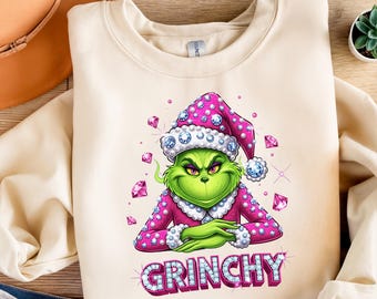 Glam Christmas Grumpy Green Character PNG – Pink Sparkle Holiday Sublimation Design, Bling Christmas Shirt Graphic, Retro Xmas PNG