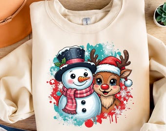 Cute Snowman and Reindeer Christmas PNG – Festive Holiday Sublimation Design, Winter Cartoon Clipart, Santa Hat Snowflake Artwork