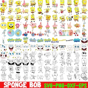 Op de afbeelding: Een verzameling digitale afbeeldingen met het thema SpongeBob SquarePants. De afbeelding bevat verschillende illustraties van SpongeBob, Patrick Star en andere personages, zowel in kleur als in zwart-wit. De tekst onderaan luidt "SPONGE BOB SVG-PNG-DXF-EPS".