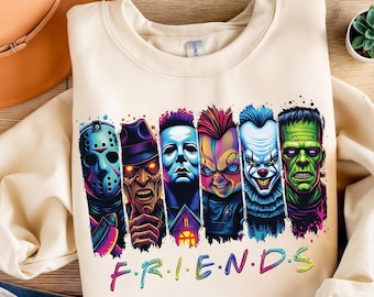 Diseño de sublimación de amigos de películas de terror: personajes asesinos de Halloween PNG, diseño de camiseta de amigos aterradores, arte pop de terror imprimible