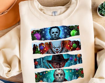Horror Christmas Sublimation PNG – Creepy Holiday Characters Strip Design for T-Shirts, Dark Xmas Clipart, Scary Winter Printable Art