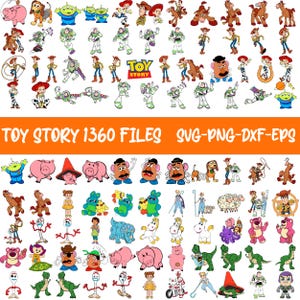 Puede incluir: Una colección de ilustraciones coloridas de personajes de Toy Story, incluyendo a Woody, Buzz Lightyear y otros. La imagen incluye el texto "TOY STORY 1360 FILES SVG-PNG-DXF-EPS".