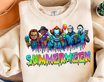 Sublimación PNG de personajes de terror de Summerween: diseño de camiseta de Halloween con helado colorido y goteante, descarga digital para amantes de las películas de terror