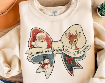 Vintage Christmas Bow PNG, Retro Santa Reindeer Snowman Clipart, Holiday Sublimation Design, Christmas Decor Graphic