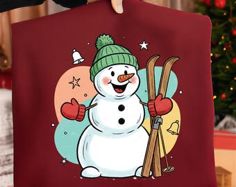 Cute Skiing Snowman Clipart – Christmas Snowman PNG, Winter Holiday Illustration, Sublimation Design, Cute Xmas Sticker Printable