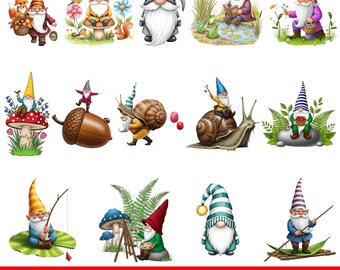Paquete de imágenes prediseñadas de gnomos caprichosos PNG: gnomos navideños y de jardín, adorables personajes del bosque, gráficos de sublimación, manualidades DIY, paquete de pegatinas