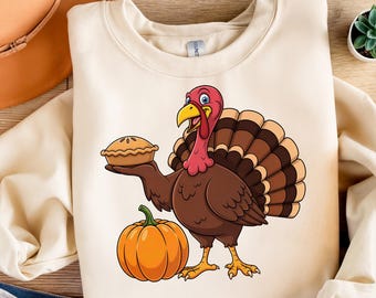 Cute Thanksgiving Turkey Clipart Cartoon Turkey with Pie & Pumpkin PNG, Fall Sublimation Design, Holiday Sticker Printable, Digital Download