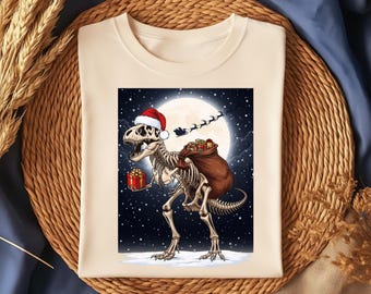 Funny Dinosaur Christmas T-Shirt Design PNG – T Rex Skeleton Santa Hat Holiday Sublimation Graphic, Dark Humor Xmas Shirt