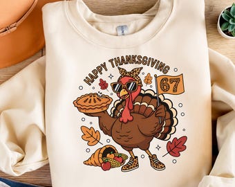 Cute Thanksgiving Turkey Sublimation PNG Leopard Print Turkey with Pie, Fall Autumn T-Shirt Design, Happy Thanksgiving PNG 67 Birthday Theme