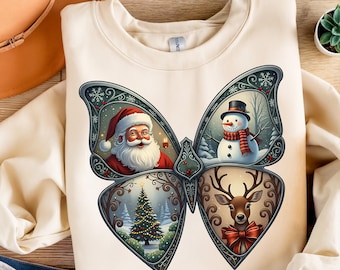 Elegant Christmas T-Shirt Design PNG – Santa Snowman Reindeer Butterfly Holiday Sublimation Graphic, Vintage Xmas Shirt Download