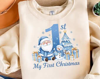 Blue My First Christmas PNG – Baby Boy Santa Snowman Sublimation Design, Winter Holiday Clipart, 1st Christmas Digital Download