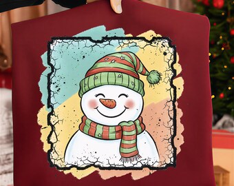Cute Snowman Clipart PNG – Christmas Snowman Sublimation, Crackle Border Winter Illustration, Holiday Sticker Print, Xmas PNG Download
