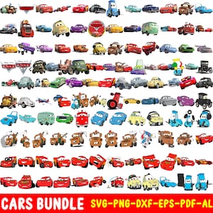 May include: A collection of various cartoon car illustrations in different colors and designs. The image includes characters from the Disney Pixar Cars franchise, with the text "CARS BUNDLE" at the bottom.