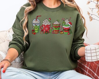 Green Christmas Character Mug Clipart Set – Funny Holiday Cocoa PNG, Grumpy Xmas Coffee Cups, Sublimation Winter Drink Art