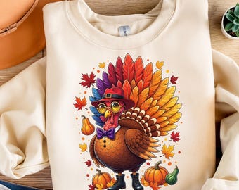 Cute Thanksgiving Turkey PNG – Fall Sublimation Design, Funny Cartoon Turkey Clipart, Autumn Leaves Printable, Instant Download