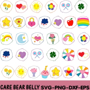 May include: A selection of colourful Care Bear belly badge designs. Each badge is a circle with a white fluffy border, featuring illustrations like hearts, stars, flowers, rainbows, and a cupcake. The text "CARE BEAR BELLY SVG-PNG-DXF-EPS" is at the bottom.