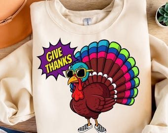 Funny Thanksgiving Turkey PNG – Retro Give Thanks Sublimation Design, Colorful Cartoon Turkey Clipart, Fall Printable