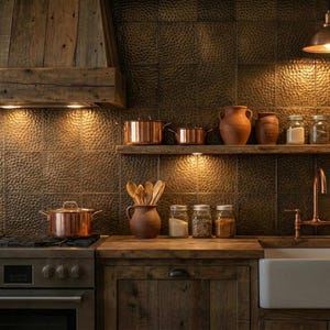 May include: Rustic kitchen with wooden cabinets, a copper sink faucet, and a stainless steel oven. Copper pots and jars of spices sit on wooden shelves. The walls are textured and the lighting is warm.