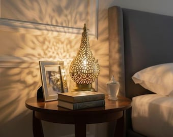 Moroccan Brass Table Lamp Set | Shadow Casting Night Light | Boho Bedside Decor