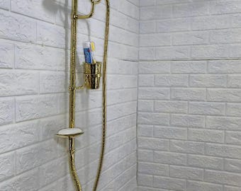 Sistema de ducha de latón sin lacar grabado a mano, juego de grifería marroquí dorada