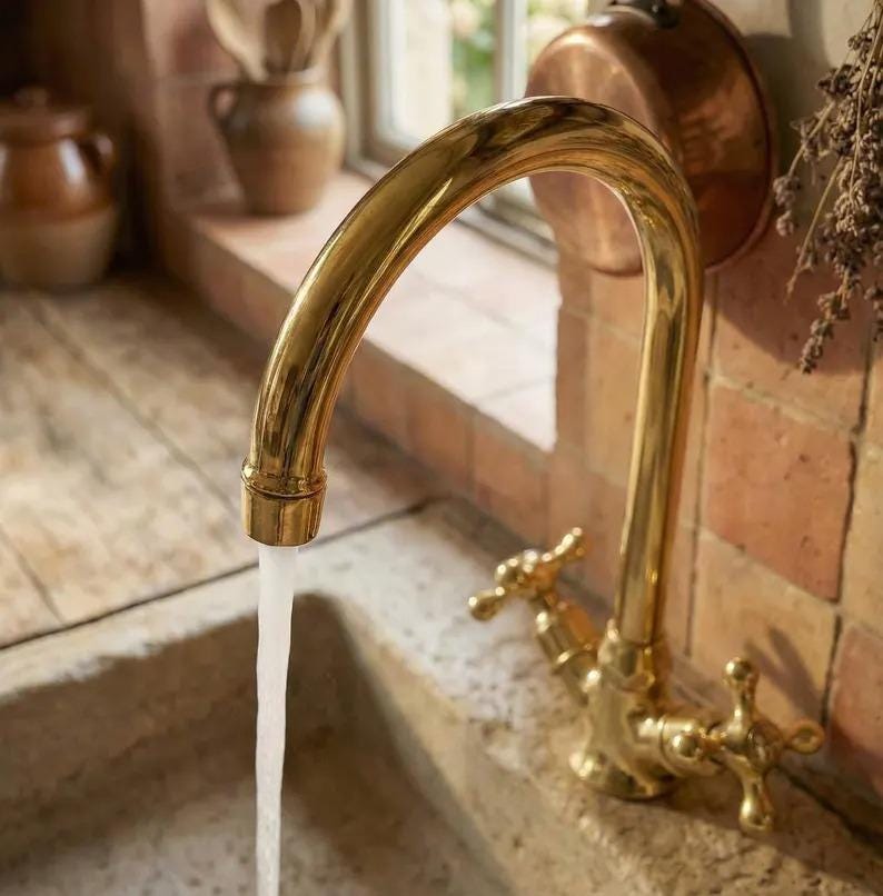 Handmade Solid Brass Kitchen Faucet, Bridge Style Sink Mixer With Cross ...