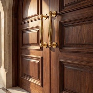 Puede incluir: Primer plano de unas puertas dobles de madera marrón oscuro. Las puertas cerradas tienen tiradores dorados y un diseño de paneles rectangulares. La imagen sugiere una entrada, con una vista del interior.