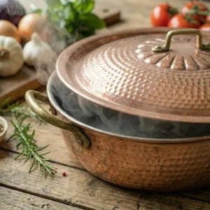 Puede incluir: Una olla de cobre con tapa, con textura martillada y asas de latón. El vapor se eleva de la olla, lo que sugiere que está en uso. Verduras frescas y hierbas aromáticas rodean la olla.
