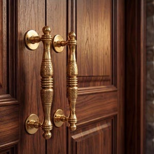 May include: Close-up of a dark brown wooden double door with ornate gold-coloured handles. The handles have a detailed, textured design. The door panels have a recessed design. The background includes a stone wall and a potted plant.