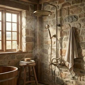 Può includere: Bagno rustico con parete in pietra e dettagli in legno. Presenta un soffione doccia in bronzo con doccetta e doccia a pioggia. Include uno sgabello in legno, una vasca in legno e una finestra.
