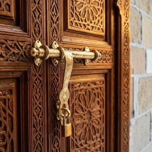 May include: Close-up of a wooden door with intricate carvings and a brass latch. The door is a warm brown color, and the carvings feature geometric and floral patterns. A brass lock hangs from the latch.