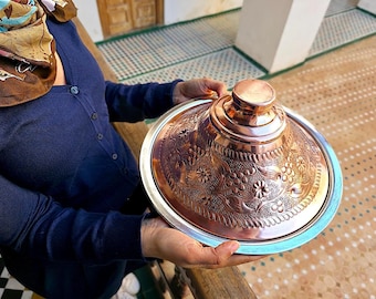 Marokkaanse tajine serveerschaal, handgemaakte koperen couscousschotel met deksel