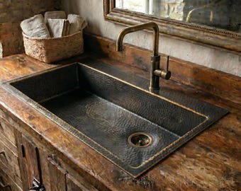 Square Brass Bar Sink, Hammered Unlacquered Patina, Undermount Prep Basin