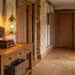 Puede incluir: Un pasillo rústico con suelos y paredes de madera. Una consola de madera con cajones exhibe un jarrón con flores secas y libros apilados. Una linterna decorativa cuelga de la pared y una cesta de mimbre se encuentra debajo.