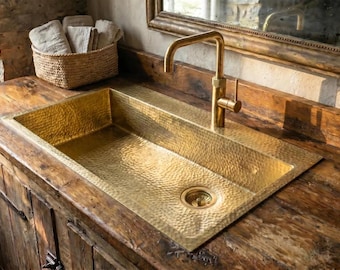 Hammered Unlacquered Brass Bathroom Sink, Handcrafted Moroccan Vanity Basin