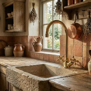 Könnte beinhalten: Eine rustikale Küche mit einem Steingussbecken, Holzarbeitsplatten und einem Messingwasserhahn. Die warme Farbpalette umfasst Terrakottafliesen, Holzschränke und Kupferkochgeschirr, was eine gemütliche, Vintage-Ästhetik schafft.