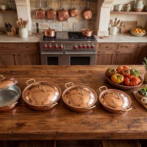 Puede incluir: Una escena de cocina rústica con una mesa de madera que exhibe utensilios de cocina de cobre. La mesa tiene varias sartenes de cobre, algunas con tapas, y un interior de acero inoxidable. La cocina cuenta con una estufa, gabinetes y estantes.