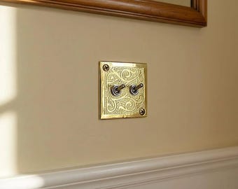 Ornate Engraved Brass Double Toggle Light Switch Plate | Victorian Home Decor